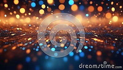 Abstract background with glowing particles with depth of field and bokeh effect arround woods surface Stock Photo