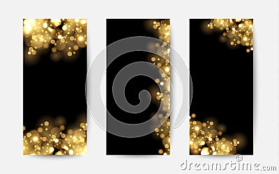 Abstract background with gold sparkles. Shiny defocused gold bokeh lights on black background. Vector Illustration