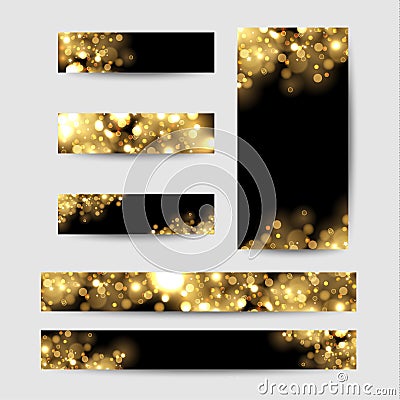 Abstract background with gold sparkles. Shiny defocused gold bokeh lights on black background. Vector Illustration