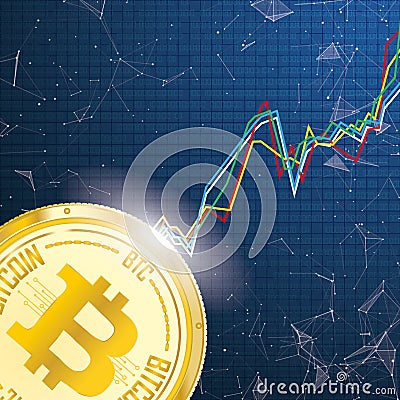 Big Golden Bitcoin Chart Data Network Connected Dots Vector Illustration