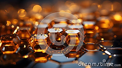 Abstract background of golden hexagons. Close-up of honeycombs. Generative AI Stock Photo