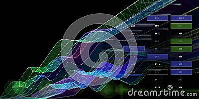 Abstract background graph curved grid and blurred lines data boxes on dark. Technology graph with data in virtual space. Stock Photo