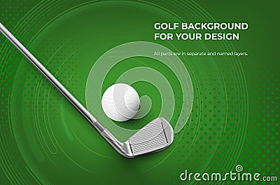 Abstract background with halftone texture, circles and golf ball and metal club Vector Illustration