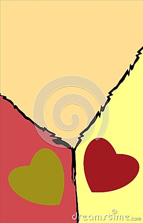 Background of three colored parts with two hearts. Vector. Vector Illustration