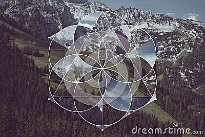 Geometric collage with the mountains and sacred geometry Stock Photo