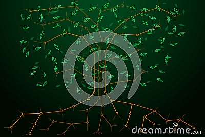 Abstract background with the image of a synthetic cyber tree and leaves flying in all directions. Modern, vector Vector Illustration