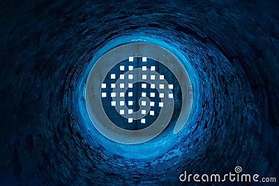Abstract background. Inside an old deep stone dark well. Bottom View Stock Photo