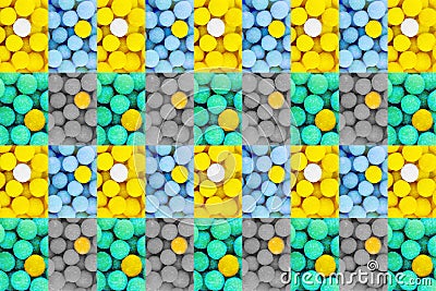 Abstract background intertwined panel mint green balls candy lemon tinted contrasting lollipops symmetrical pattern Stock Photo