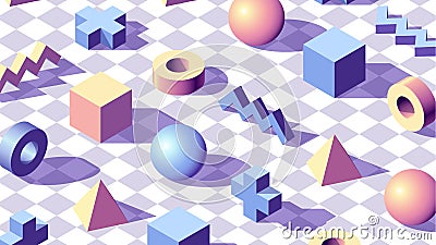 Abstract background with isometric 3D shapes on checkered floor. Minimalistic vaporwave styled pale blue and pink colors Vector Illustration