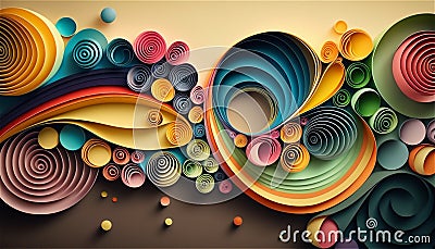 Abstract background made of colored paper scrolled into curls and rolls. Quilling paper art. Generative AI Cartoon Illustration