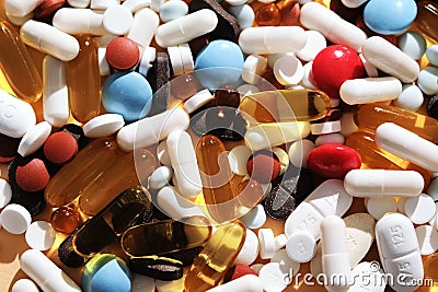 Abstract background with many pills and vitamins. Stock Photo