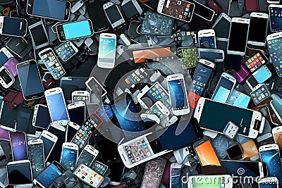 Abstract background from many smartphones. mobile phone recycling. Neural network AI generated Stock Photo