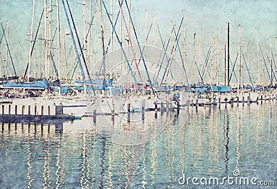 Abstract background of marina pier with boats. Pencil sketch painting style. Stock Photo