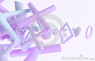 Abstract background with matt geometric shapes 3d render. Flying crosses, rings, squares, circles and cylinders with Cartoon Illustration