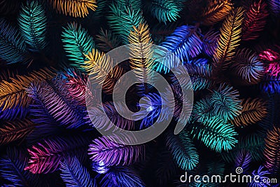 Abstract background of multicolored tropical palm leaves in neon light. Generative AI Stock Photo