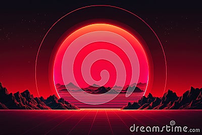 Abstract background with neon red circle in the center. Synthwave , polycount, retrofuturism, retrowave, outrun, Retro cyberpunk Stock Photo