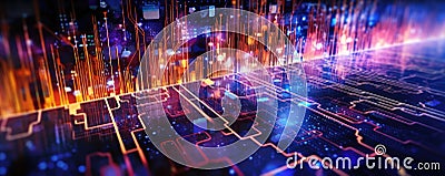 Abstract background with a network of digital circuitry and binary code, representing the fusion of technology panorama Stock Photo