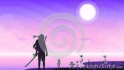 Abstract Background Ninja Warrior City Person Light Silhouette Water People Vector Design Vector Illustration