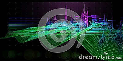 Abstract background noisy graph curved in a sinusoid on dark. Technology graph with data boxes in virtual space. Big Data. Stock Photo