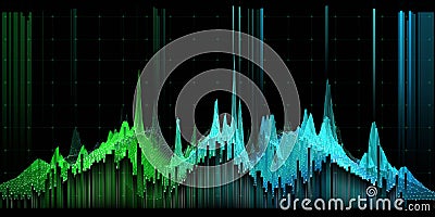 Abstract background noisy graph curved in a sinusoid data with blurred lines on dark. Big Data. Technology graph concept in Stock Photo