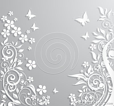 Abstract background with paper flowers and butterflies. Vector Illustration