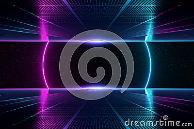 Abstract background pathway leading to blue and pink neon light circle reflecting on the floor 3D rendering Stock Photo
