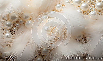 Abstract background, pearls and feathers in white and cream. Stock Photo