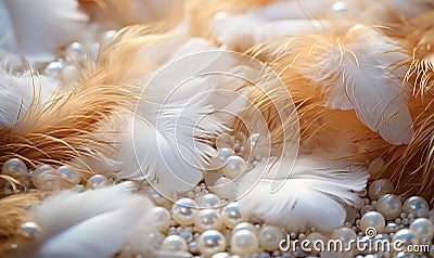 Abstract background, pearls and feathers in white and cream. Stock Photo