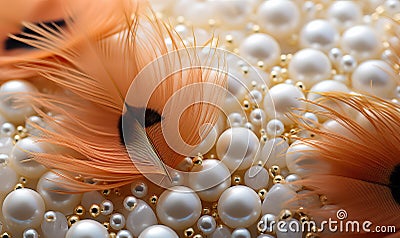 Abstract background, pearls and feathers in white and cream. Stock Photo