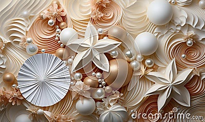 Abstract background, pearls and feathers in white and cream. Stock Photo