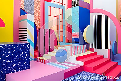 abstract background of playful convergence of 2D pop-art graphics and 3D geometric shapes creating a vibrant multiverse Stock Photo