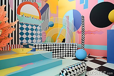 abstract background of playful convergence of 2D pop-art graphics and 3D geometric shapes creating a vibrant multiverse Stock Photo