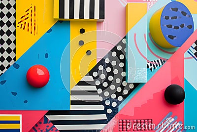 abstract background of playful convergence of 2D pop-art graphics and 3D geometric shapes creating a vibrant multiverse Stock Photo
