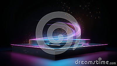 Abstract background with podium and neon lights. 3d rendering. Neon light effect. Stock Photo