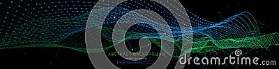 Abstract background with polygonal grid connecting dots on dark. Computing algorithm concept. Banner horizontal for business, Vector Illustration