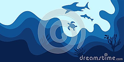 Abstract background, poster, banner. Sea, ocean, waves with shark, turtle and fish Vector Illustration