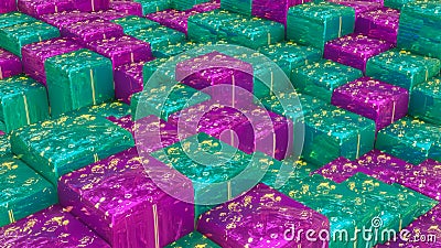 abstract background of purple and turquoise rows of cubes with glowing texture. 3d render Cartoon Illustration
