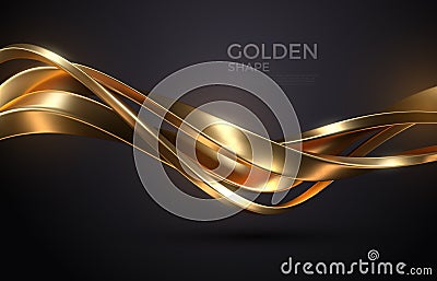 Abstract background with realistic golden metal shape. Fuid golden wave. Intertwined gold shapes. Vector Illustration