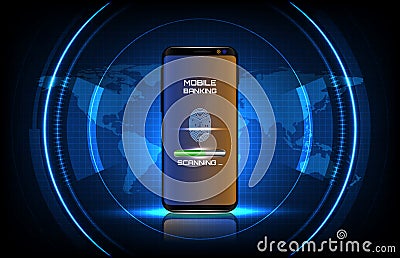 Background of round futuristic technology user interface screen hud with fingerprint login system on smart mobile phone Vector Illustration