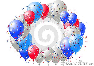 Abstract background with scattered confetti and balloons. Blank festive holiday card template Stock Photo