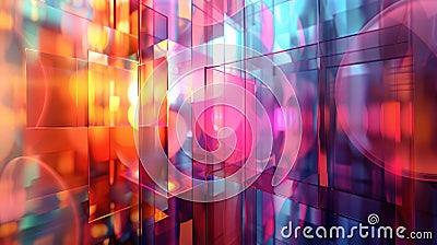 Abstract background, A shimmering, translucent geometry backdrop features colorful overlapping circles and squares, Stock Photo