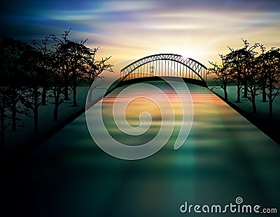 Bridge above the lake at sunset Vector Illustration