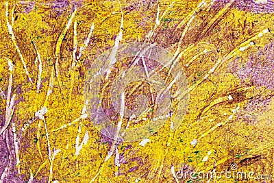 Abstract background with splashes, stains, scratches, yellow purple colors Stock Photo
