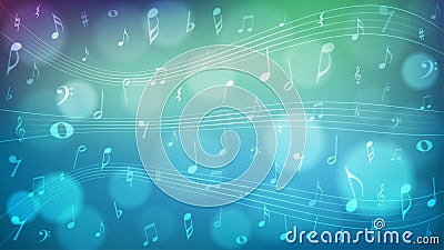 Vector Abstract Blurry Music Notes, Bokeh and Wavy Staves in Green and Blue Gradient Background Stock Photo