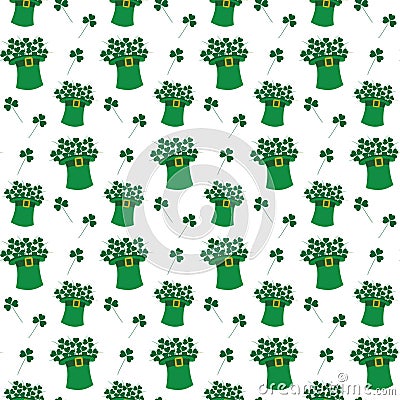Abstract background texture of free hand drawn shamrocks bouquet and leprechaun hat in trendy green Vector Illustration