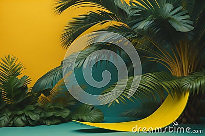 Abstract background with tropical leaves, monstera, palm trees and yellow hammock. generative ai Stock Photo