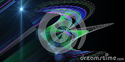 Abstract background twisting wireframe grid from color faces and lignt on black. Big Data. Technology concept data grid. Banner Stock Photo
