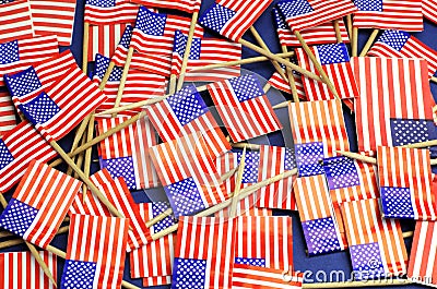 Abstract background of USA Stars and Stripes, red white and blue national toothpick flags Stock Photo