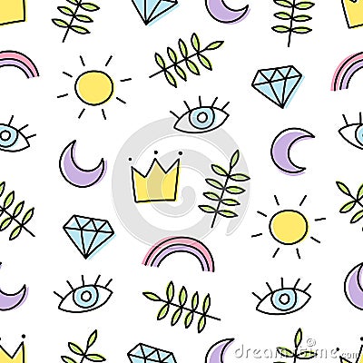 Abstract background with various cartoon elements. Seamless pattern with rainbow, crown, sun, eye, leaf, moon and diamond. Stock Photo