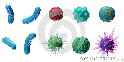 Abstract background virus. Set of virus. Virus icon set. Virus isolated on white background. Colorful bacteria, microbes Stock Photo